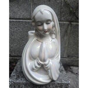Praying Virgin Mary Madonna Ceramic Planter Opalesent Glaze w/ Gold Details Vtg